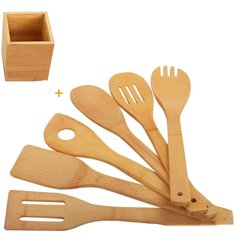 691127133523.jpg Bamboo Spatula Set with Square Holder Eco-Friendly with Ergonomic Handle Kitchen Utensil - Image 1