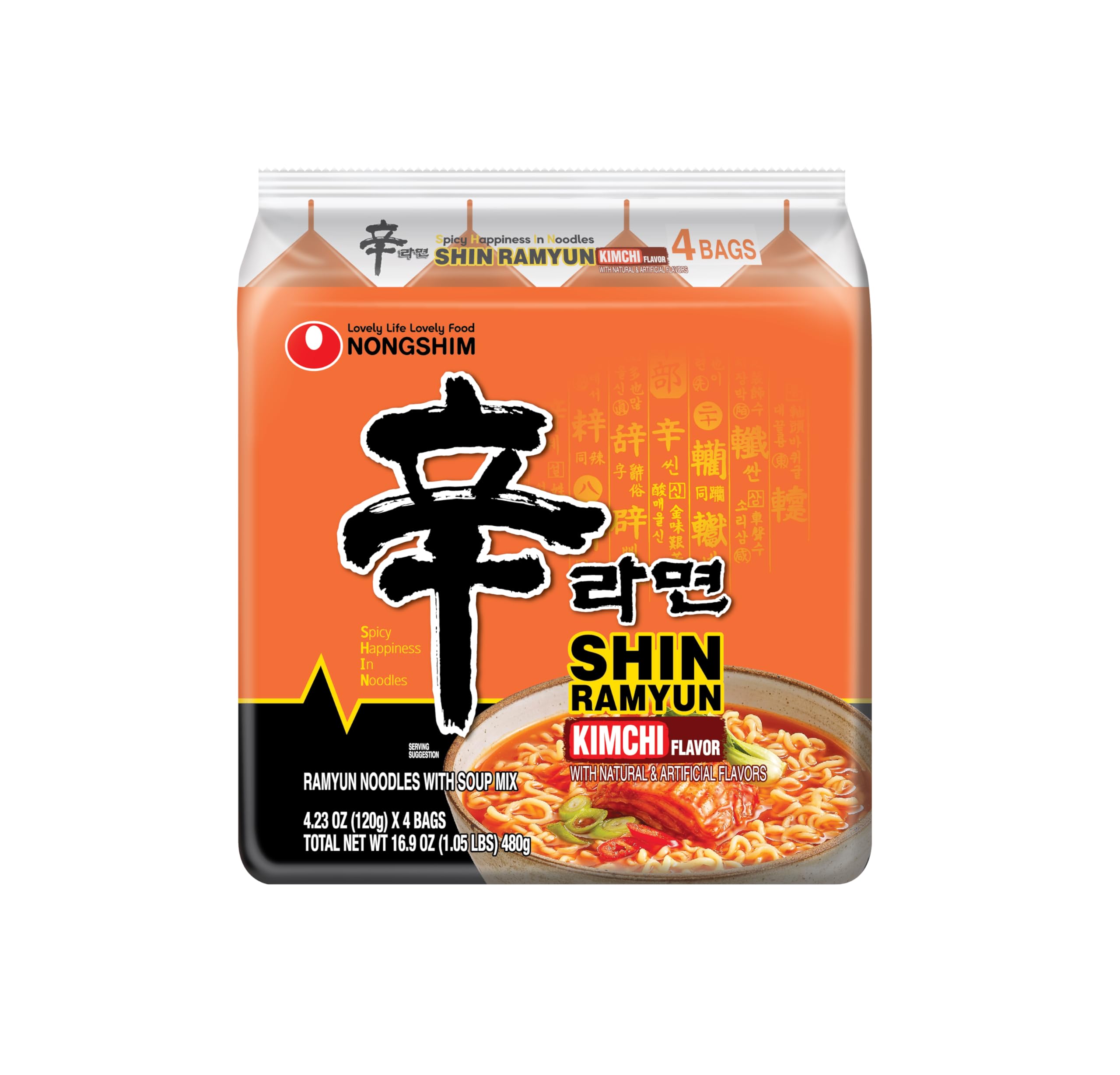 Nongshim Shin Ramyun Kimchi, Spicy Instant Ramyun, 4.23 Oz (Pack of 4)