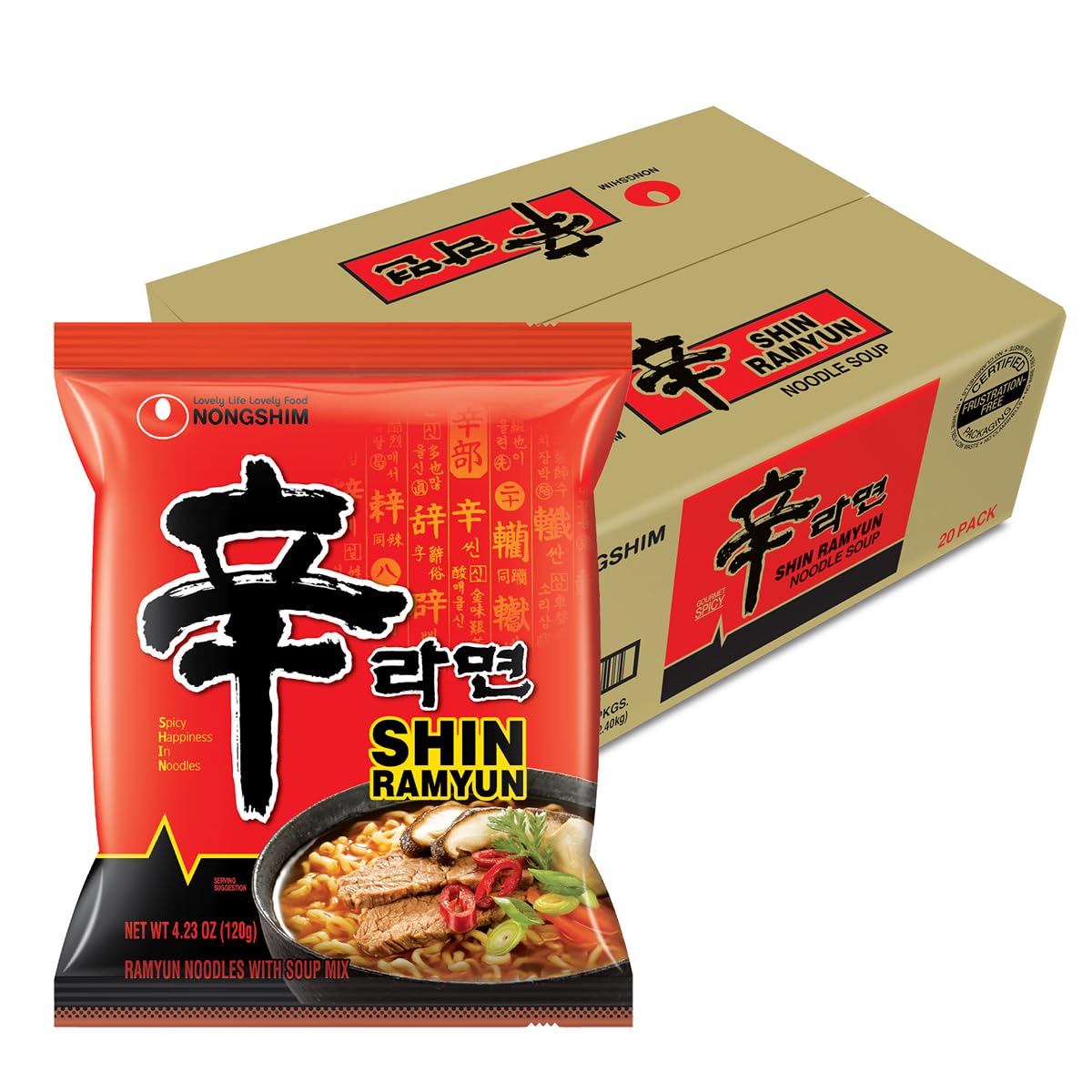 71hXFniZCVL Nongshim Shin Ramyun Noodles, Spicy Korean Signature Instant Ramyun, Rich Beef Flavored Broth, Microwaveable, Korean Instant Noodles, 4.23 oz (Pack of 20), Packaging May Vary. - Image 1