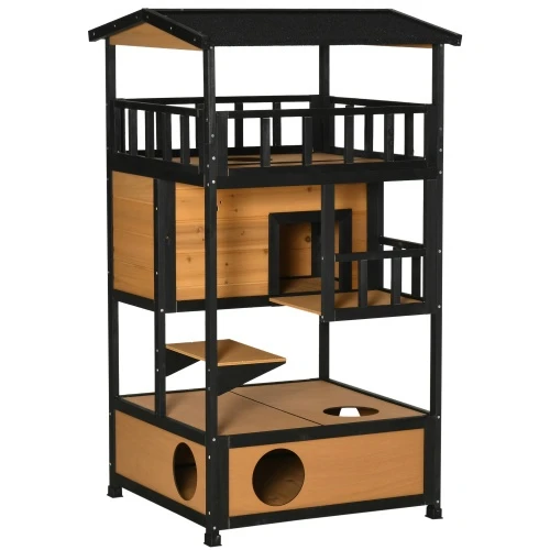 7683f8a4-3c7e-4e35-855e-e04b2ce8c2c4.jpg Wooden Outdoor Cat House, Wild Cat Shelter Kitten Tree - Image 1